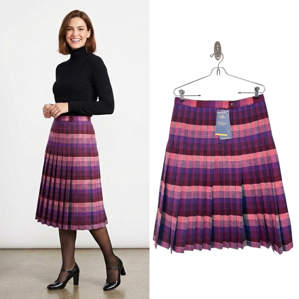 Pendelton Reversible Pleated Tartan Plaid Midi Wool Skirt 1950s Turnabout NWT - Picture 5 of 16